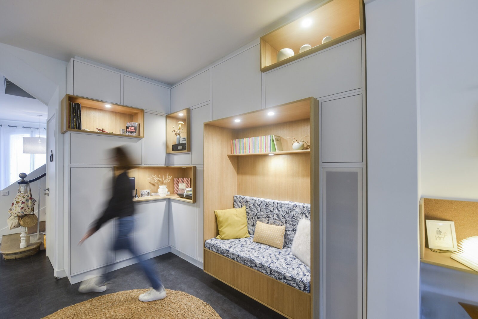 bibliothèque meuble rangement entrée banquette